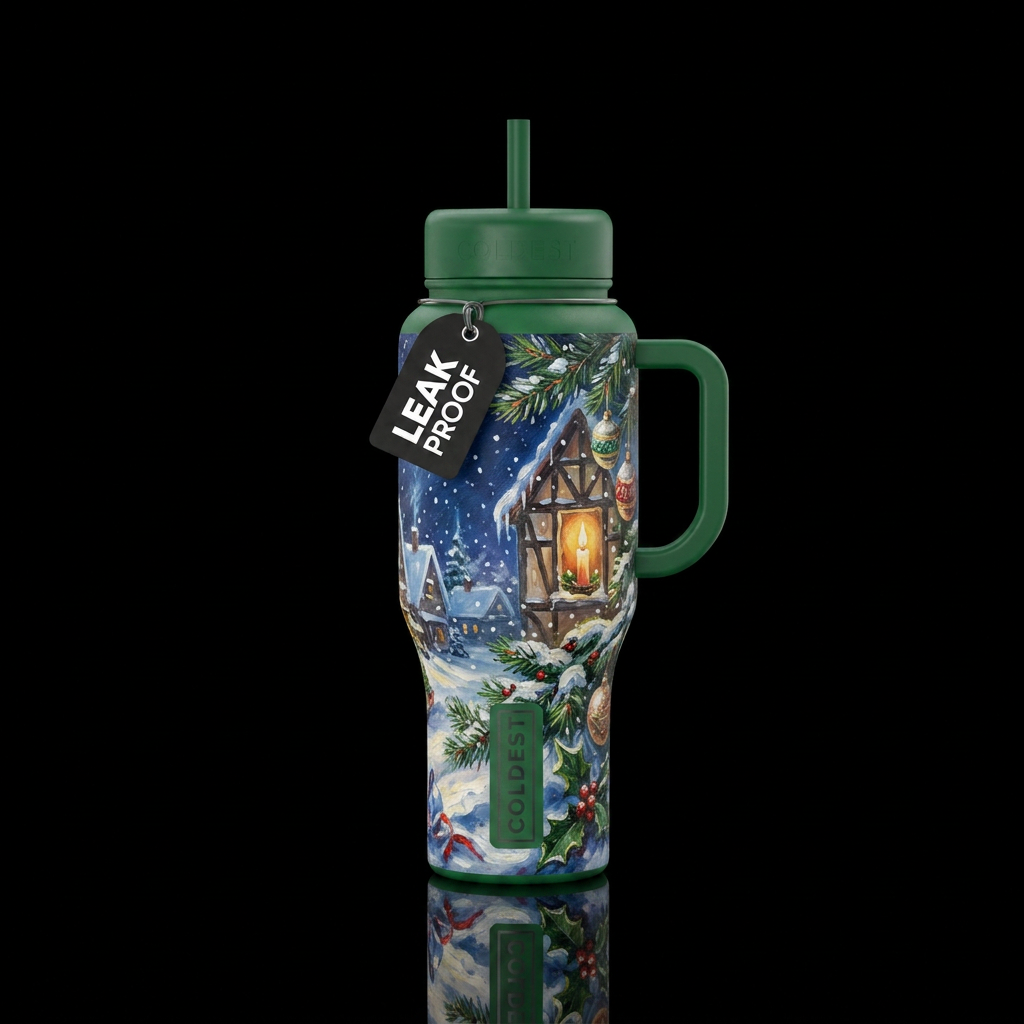 Christmas vibe,  with a candle in a window,  night... water bottle design