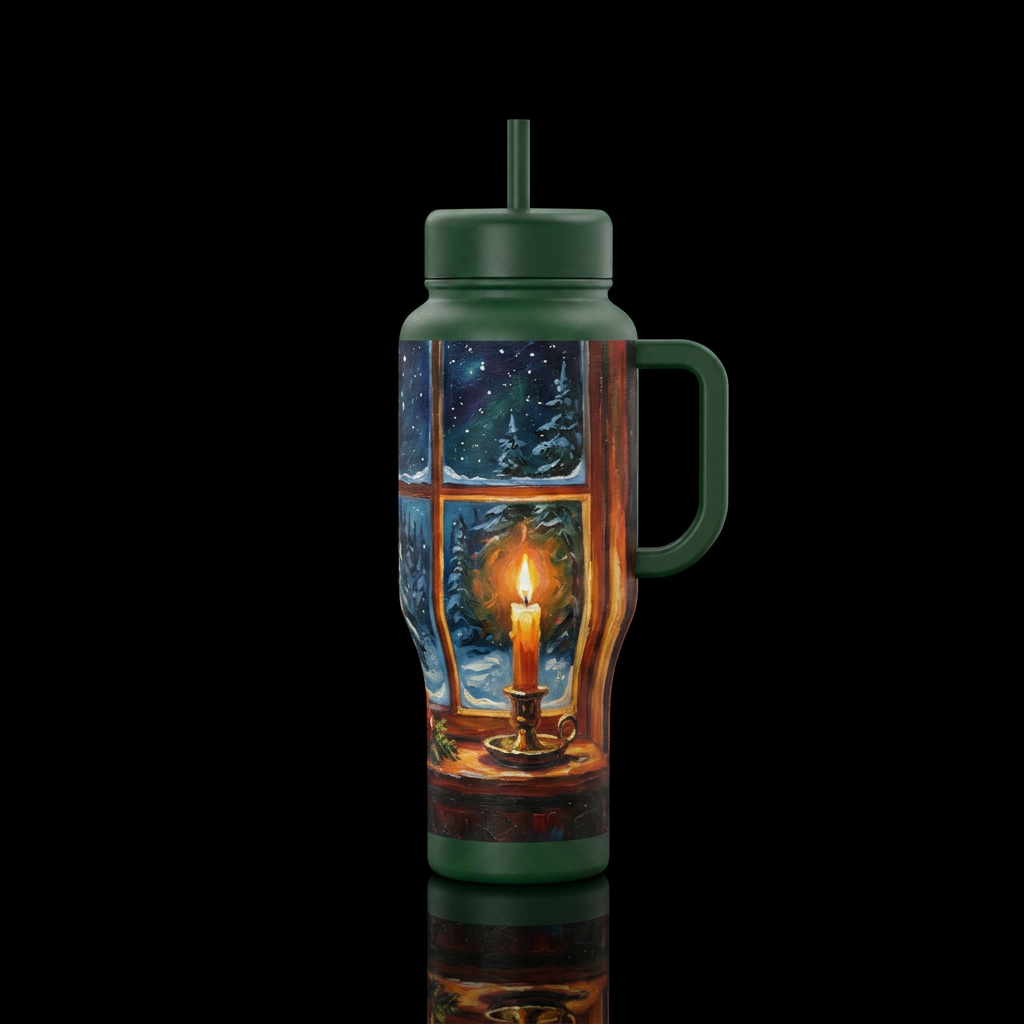 Christmas vibe,  with a candle in a window,  night... water bottle design