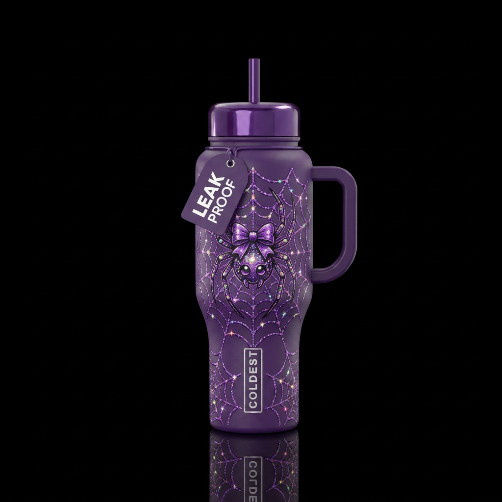 Spider with a bow on a web sparkly, water bottle design