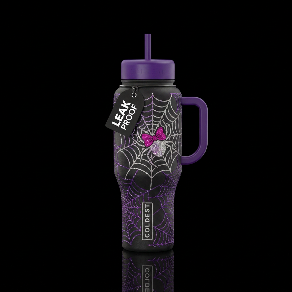 Spider with a bow on a web sparkly, water bottle design