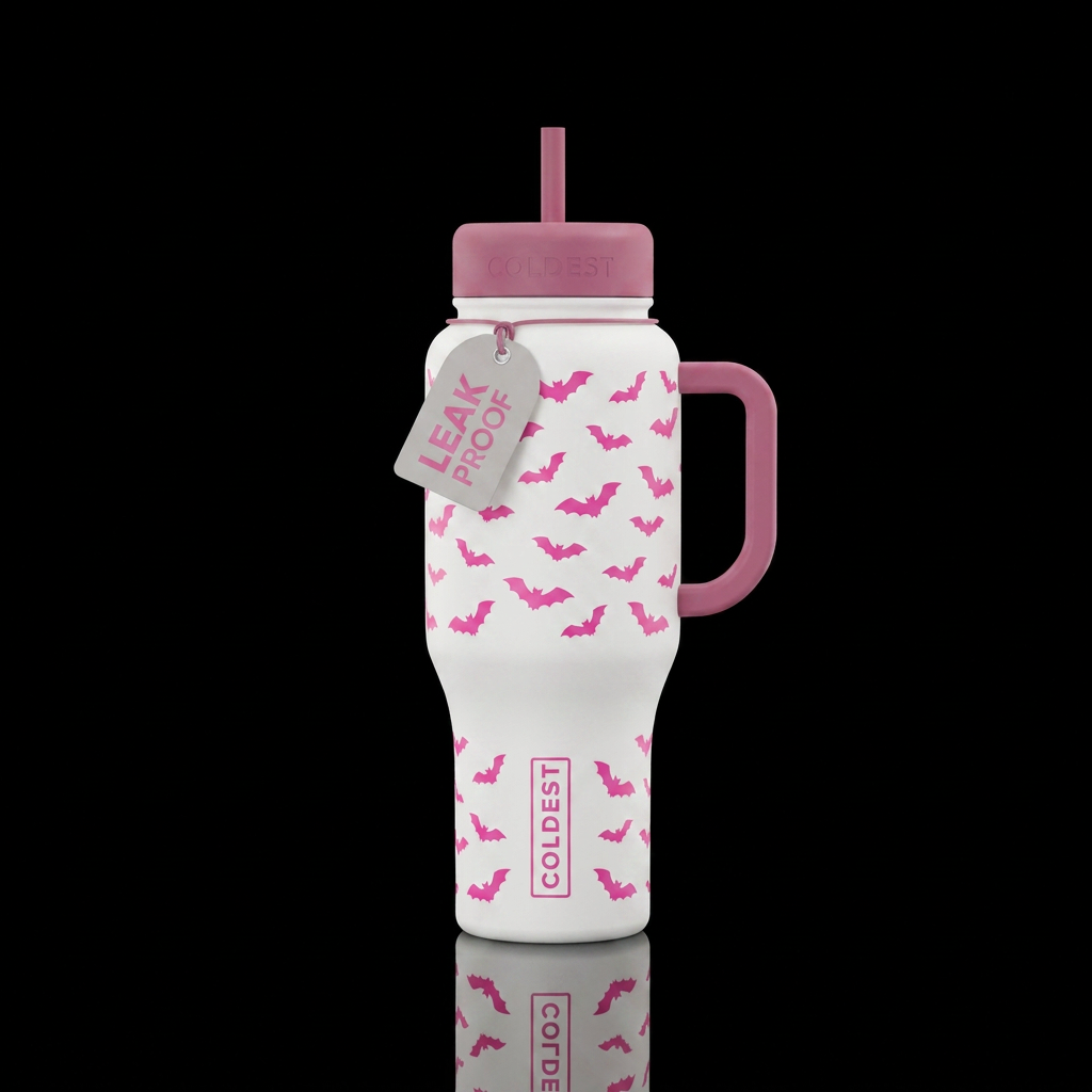 Pink bats on a white bottle water bottle design