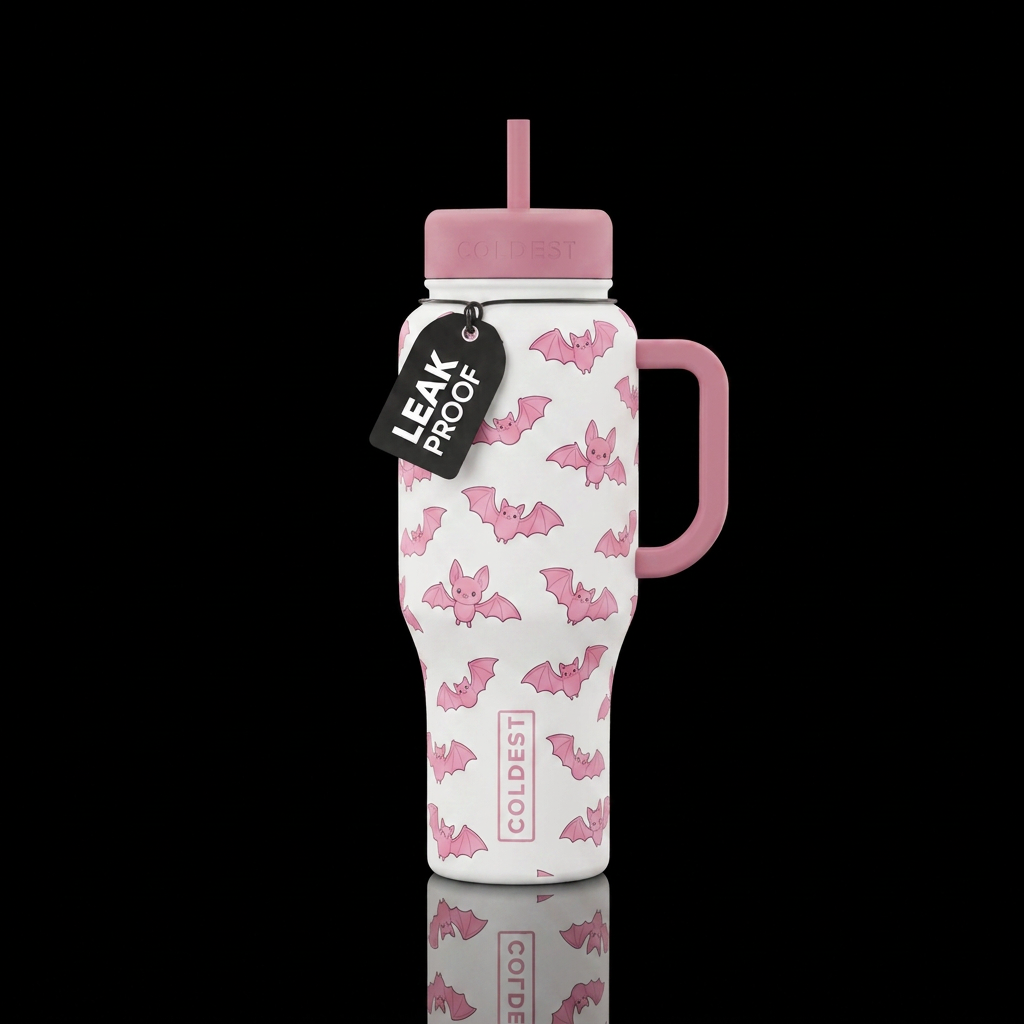 Pink bats on a white bottle water bottle design