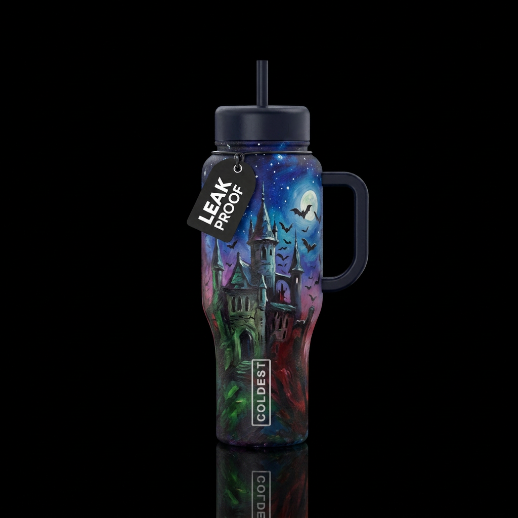 Oil painting,  bats flying around a castle,  night water bottle design