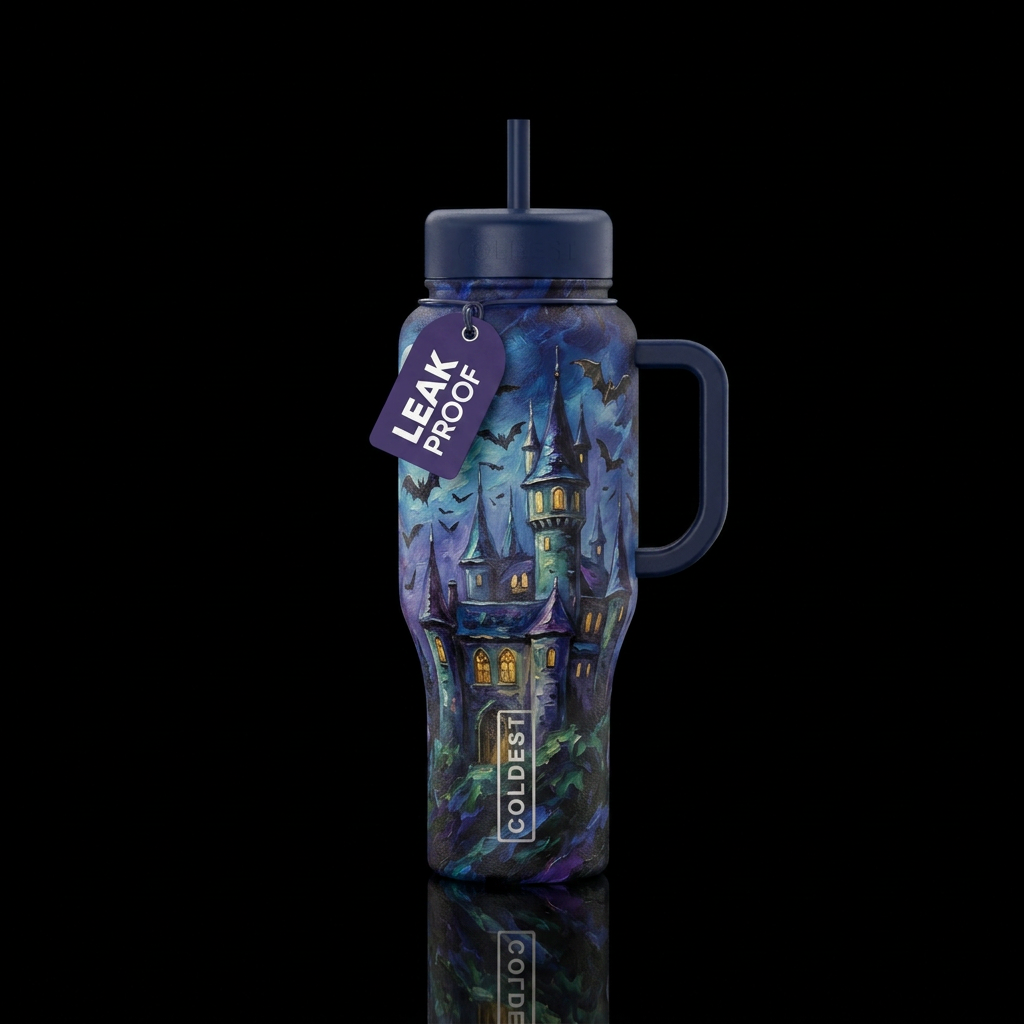 Oil painting,  bats flying around a castle,  night water bottle design