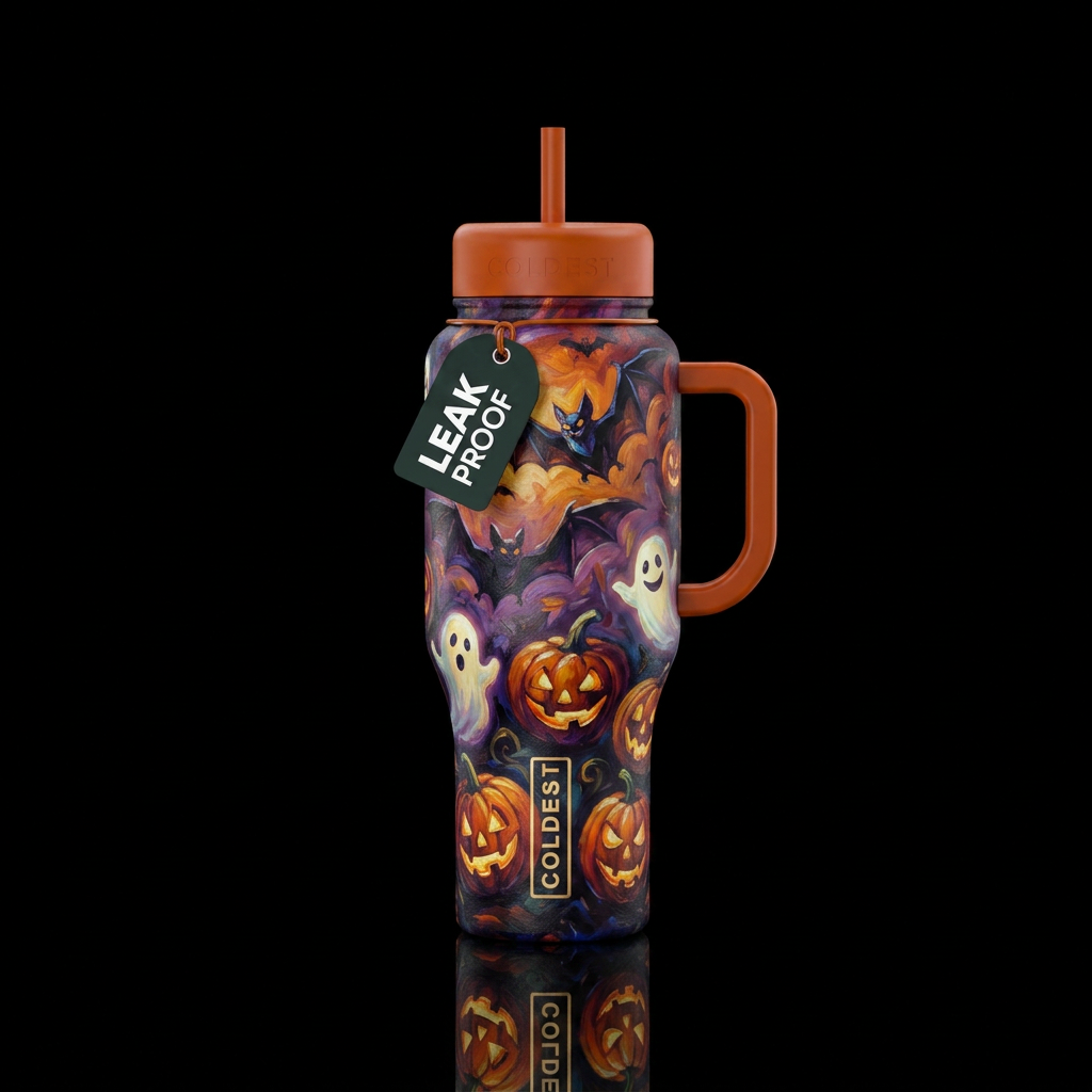 Oil painting,  bats and pumpkins and glow ghost water bottle design