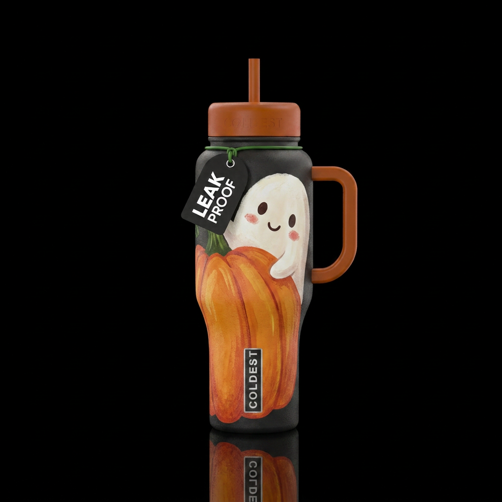 Cute ghost peeking around a pumpkin,  texture pain... water bottle design
