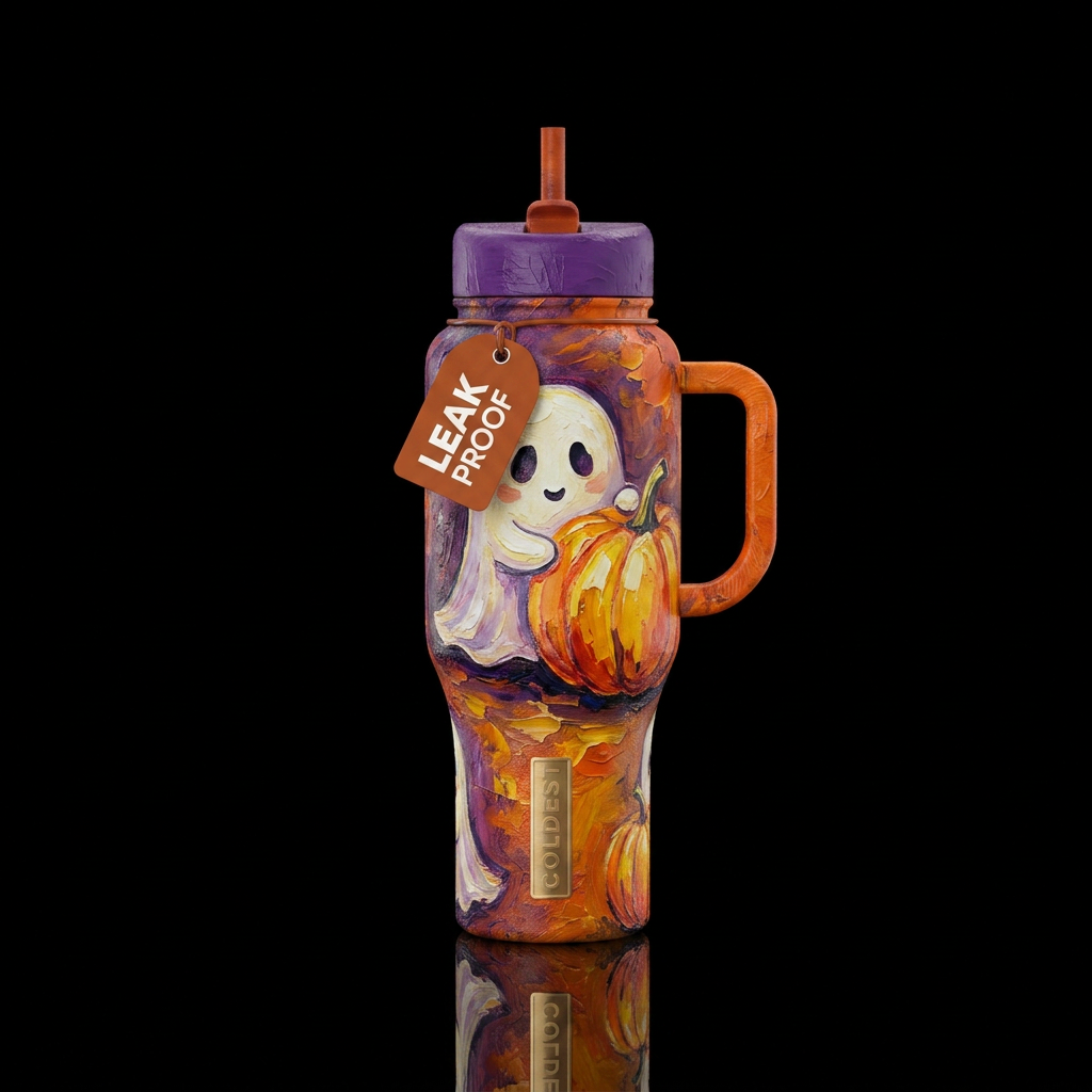Cute ghost peeking around a pumpkin,  texture pain... water bottle design