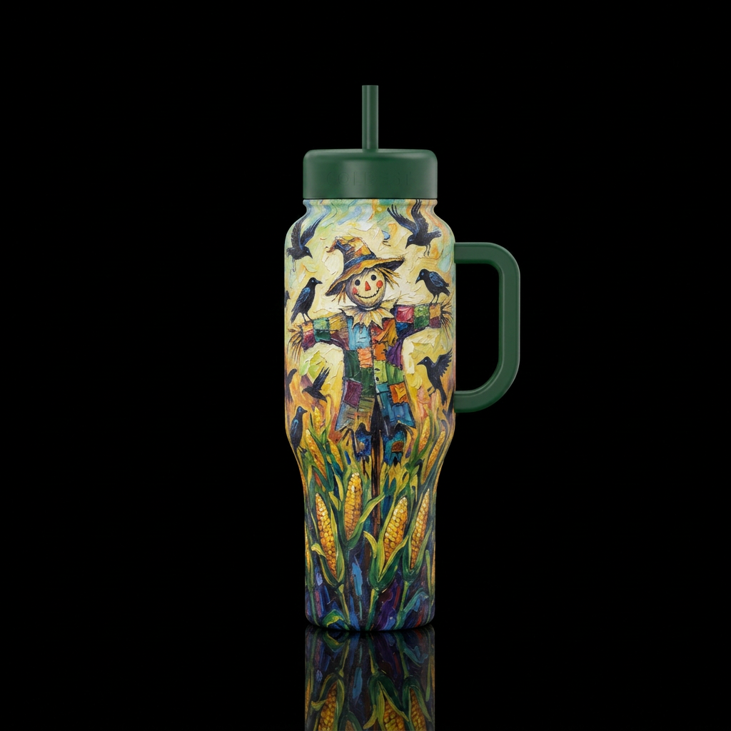 Scarecrow, corn fields,  crows,  texture painting,... water bottle design