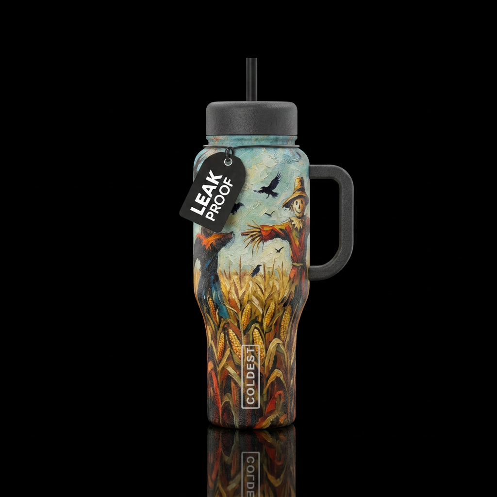 Scarecrow, corn fields,  crows,  texture painting,... water bottle design
