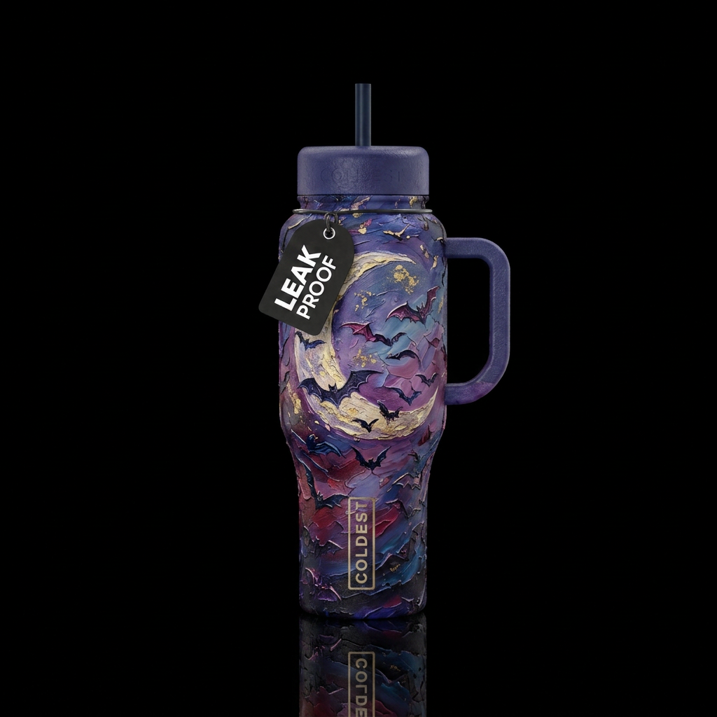 Bats across the moon , twilight,  texture painting... water bottle design