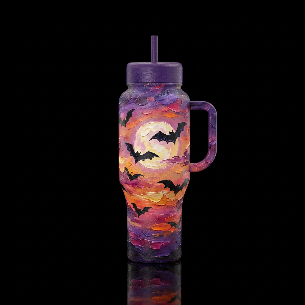 Bats across the moon , twilight,  texture painting... water bottle design