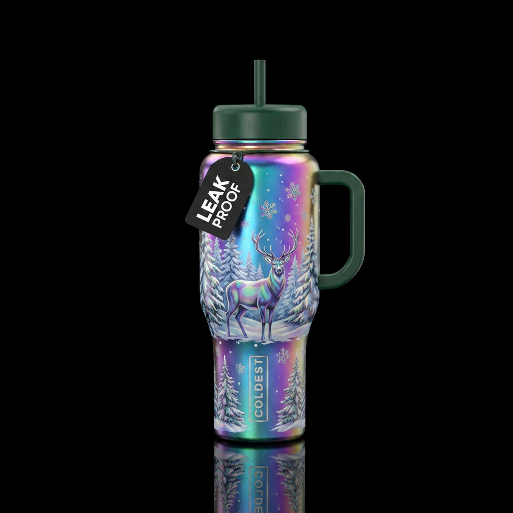 irridescent, deer, snowing,  forest water bottle design