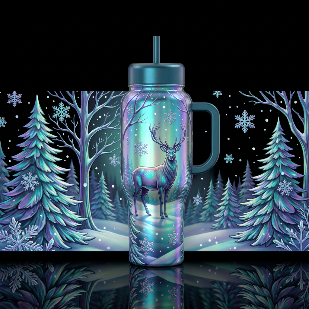irridescent, deer, snowing,  forest water bottle design