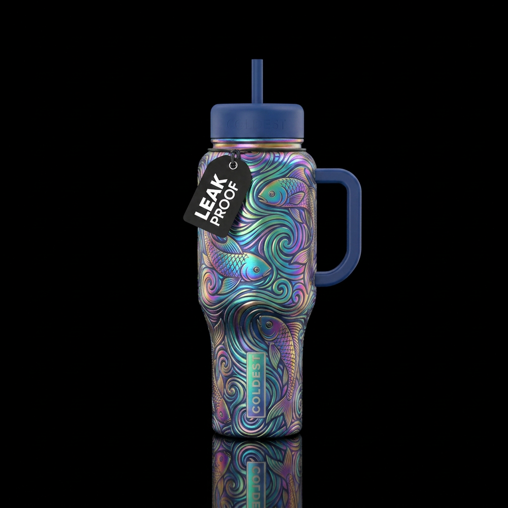 irridescent,  fish , swirls water bottle design