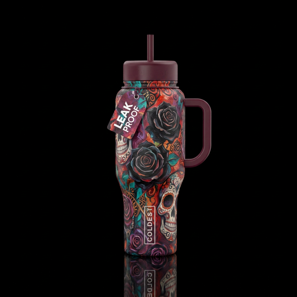 Black and dark roses and sugar skulls,  romance vi... water bottle design