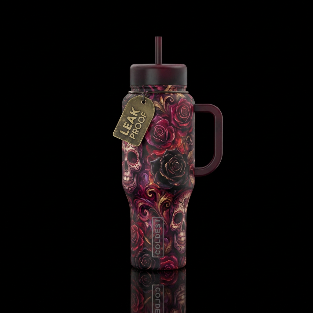 Black and dark roses and sugar skulls,  romance vi... water bottle design