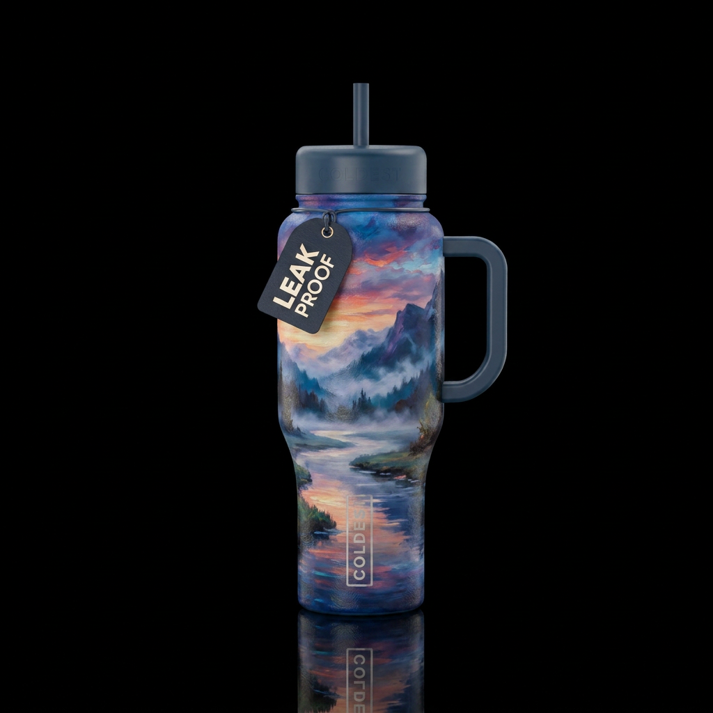 River, fog, mountains,  artistic,  oil painting,  ... water bottle design