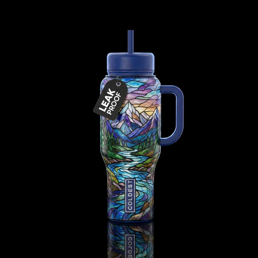 Stained Glass,  mountains,  river water bottle design