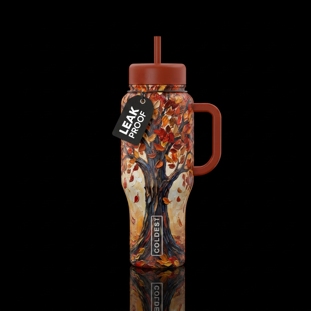 Fall, leaves falling off a tree , oil painting,  t... water bottle design