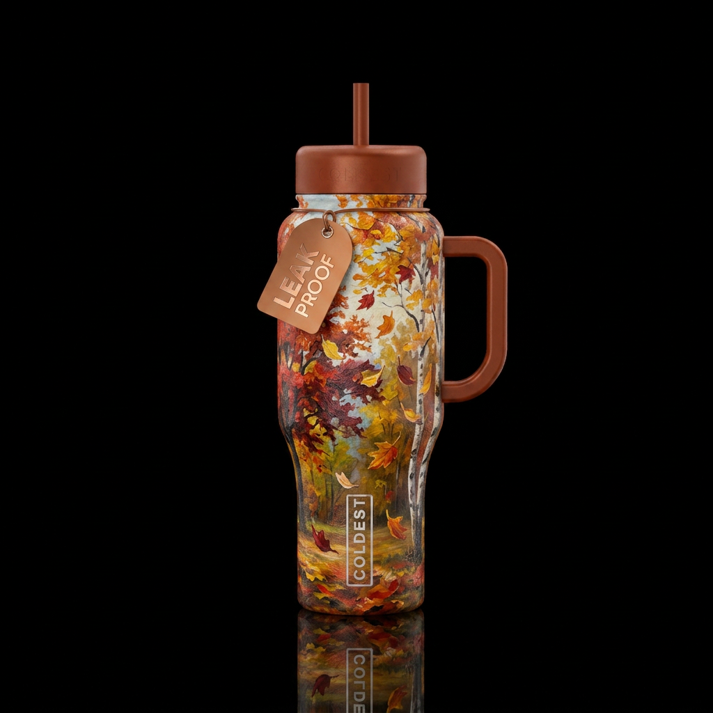 Fall, leaves falling off a tree , oil painting,  t... water bottle design