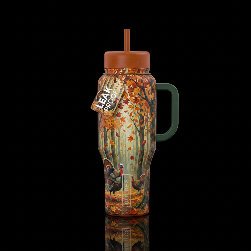 Turkey in trees,  fall vibes,  leaves falling,  ar... water bottle design