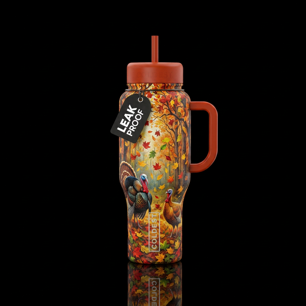 Turkey in trees,  fall vibes,  leaves falling,  ar... water bottle design