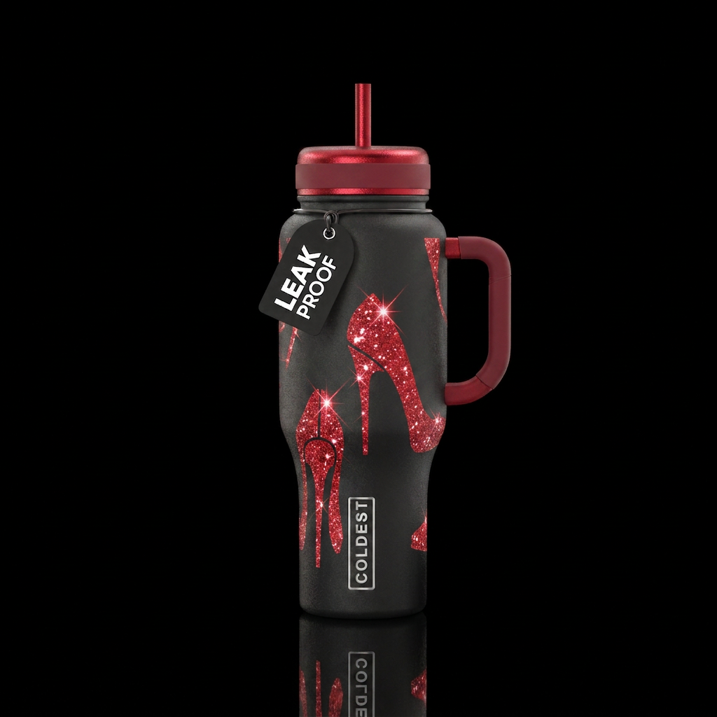 Red high heel 👠  sparkly  on a black bottle water bottle design
