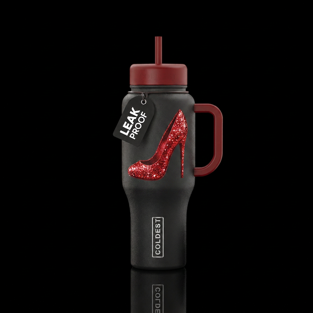 Red high heel 👠  sparkly  on a black bottle water bottle design