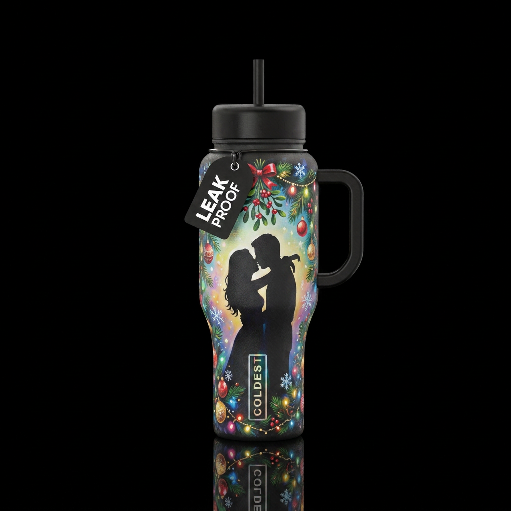 painting, kissing silhouette under mistletoes, Chr... water bottle design