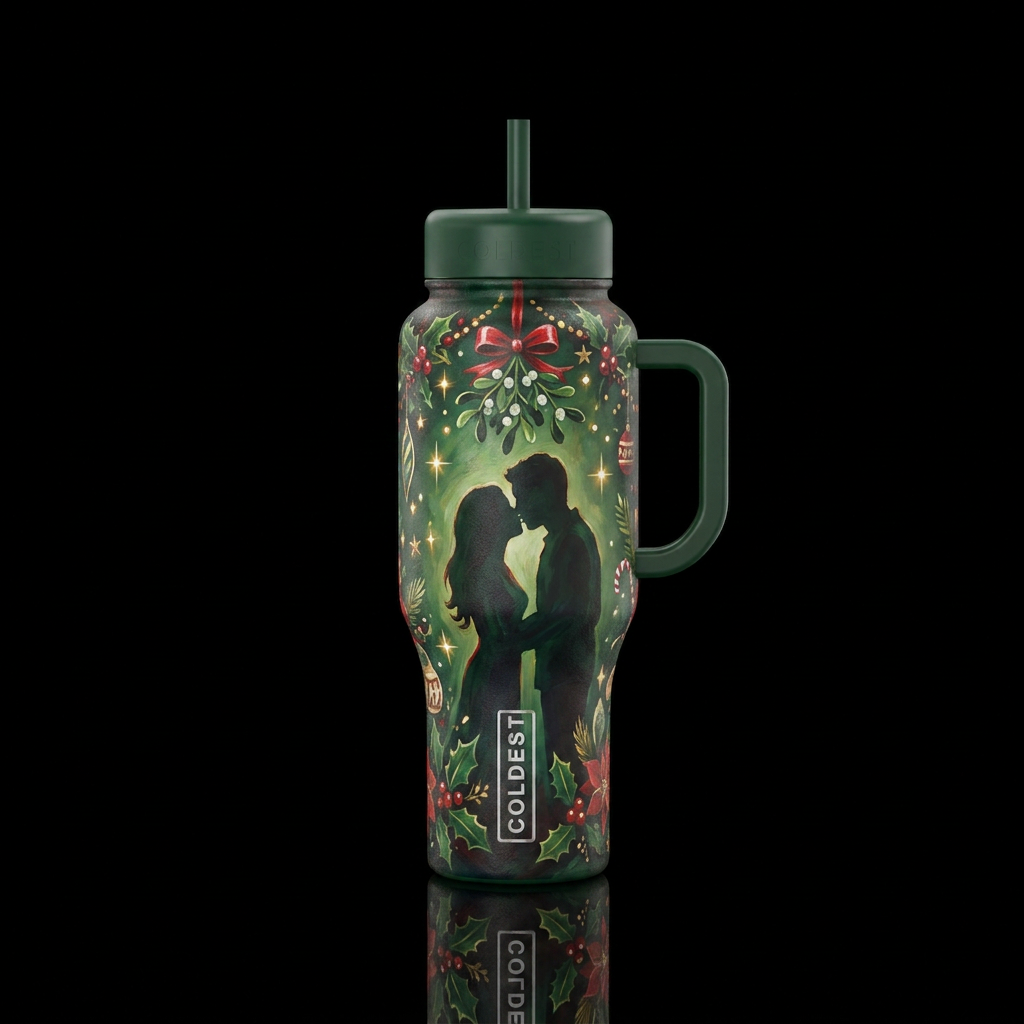 painting, kissing silhouette under mistletoes, Chr... water bottle design