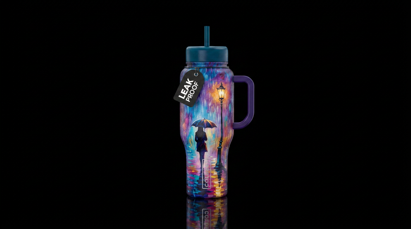 Silhouette with an umbrella, under a lamp post tha... water bottle design