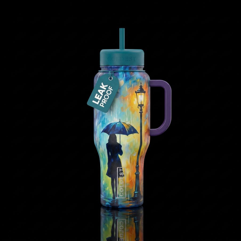 Silhouette with an umbrella, under a lamp post tha... water bottle design
