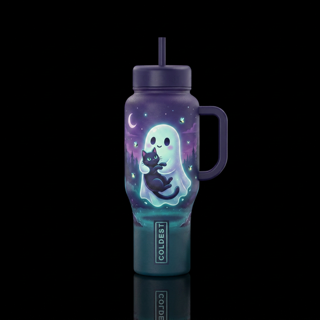 Cute ghost with a black cat , twilight,  glowie,  ... water bottle design