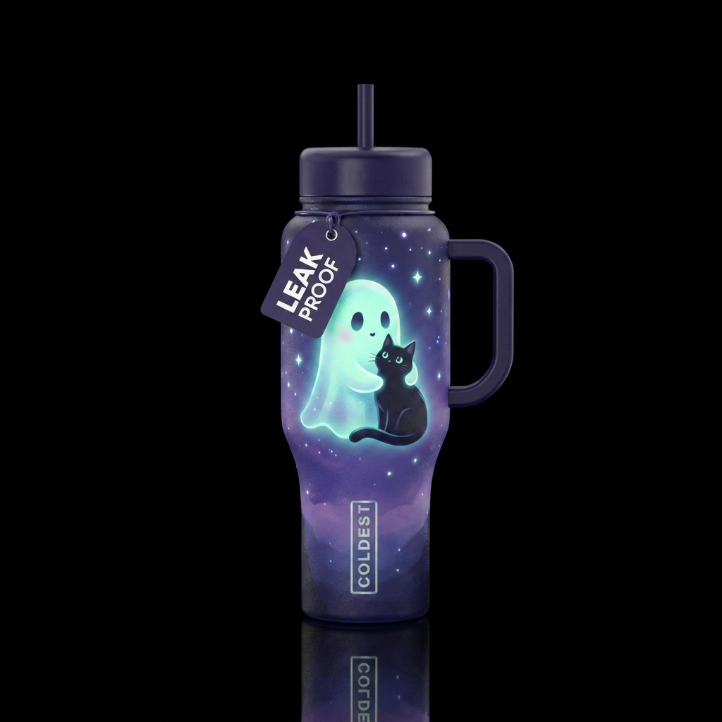 Cute ghost with a black cat , twilight,  glowie,  ... water bottle design