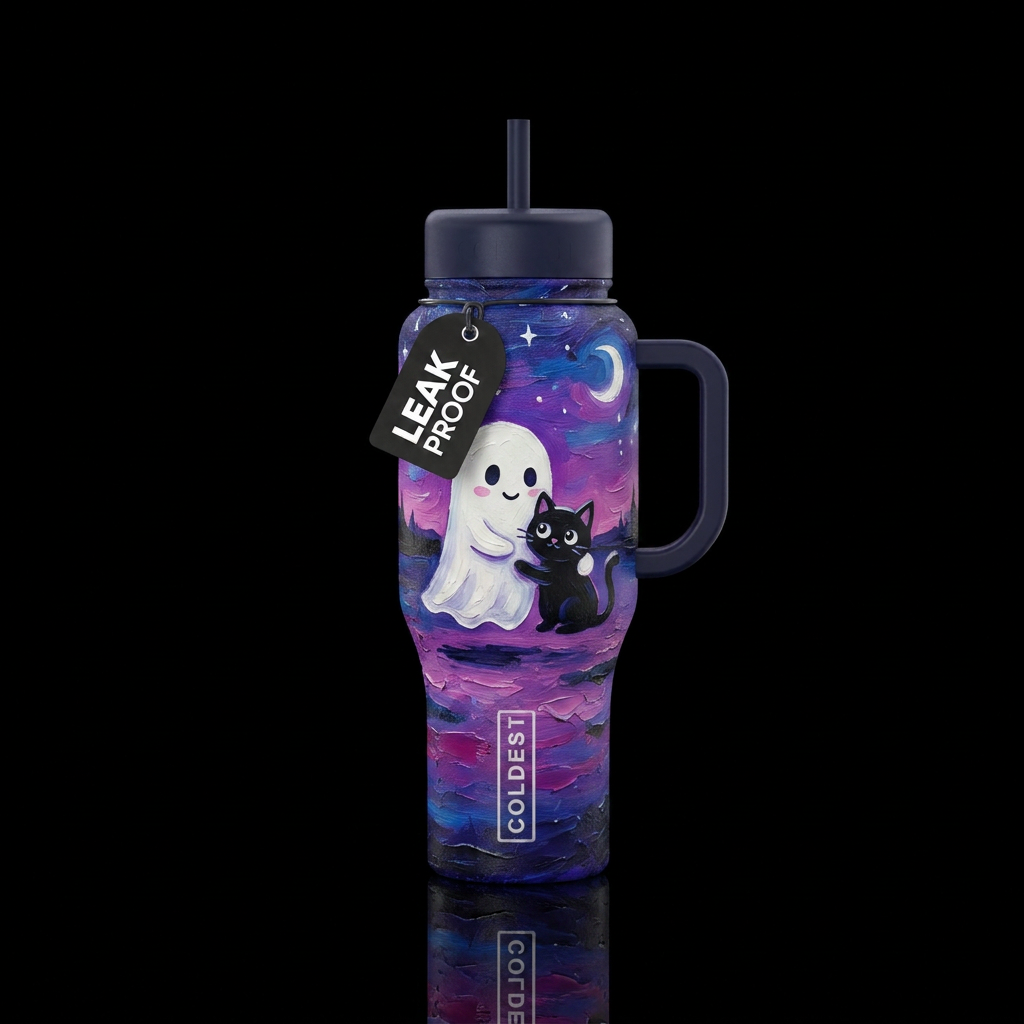 Cute ghost with a cute black cat,  texture paintin... water bottle design