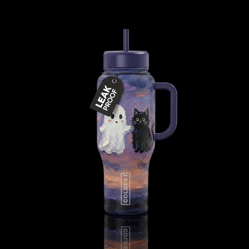 Cute ghost with a cute black cat,  texture paintin... water bottle design