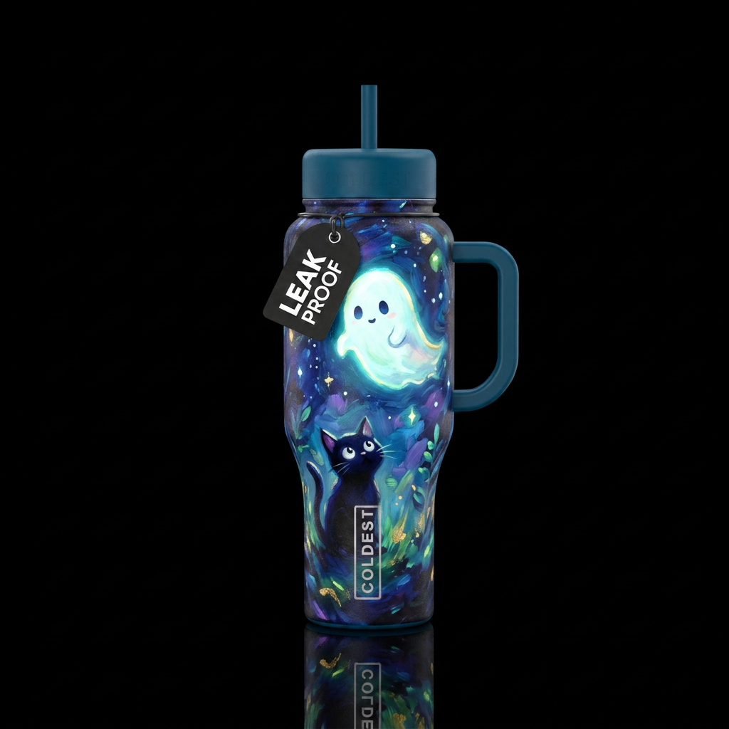 Cute ghost,  with a black cat looking up at the gh... water bottle design