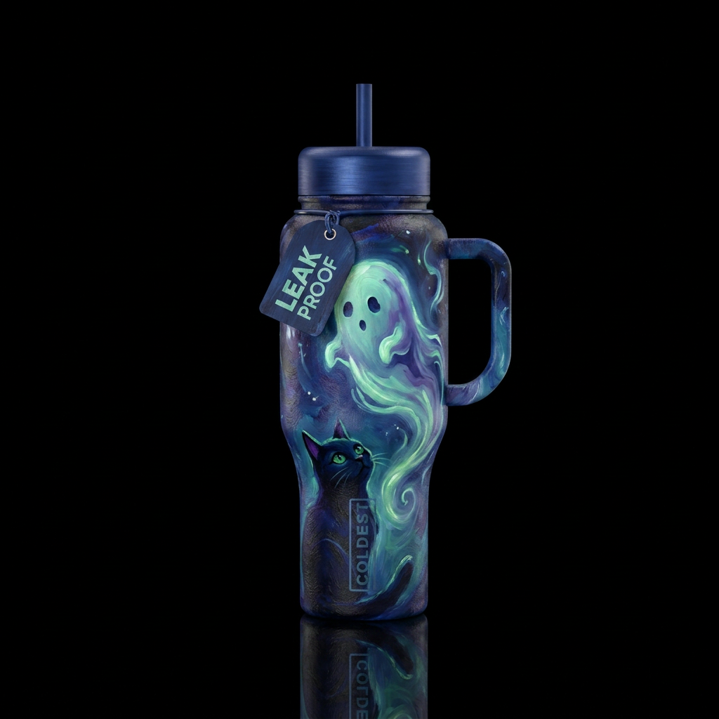 Cute ghost,  with a black cat looking up at the gh... water bottle design