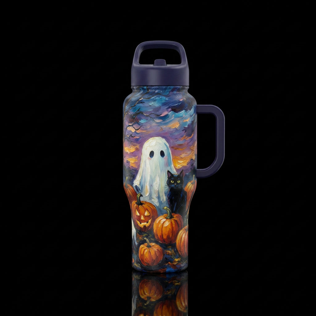 Little cute ghost with black cat and pumpkins,  tw... water bottle design