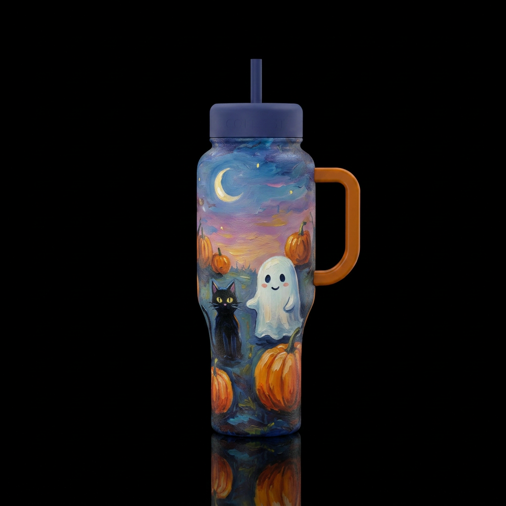 Little cute ghost with black cat and pumpkins,  tw... water bottle design