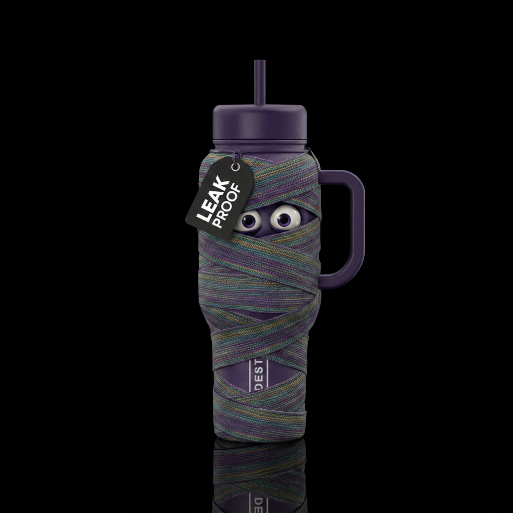 Bottle wrapped up like a mummy with eyes peeking o... water bottle design