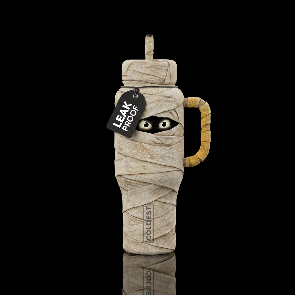 Bottle wrapped up like a mummy with eyes peeking o... water bottle design