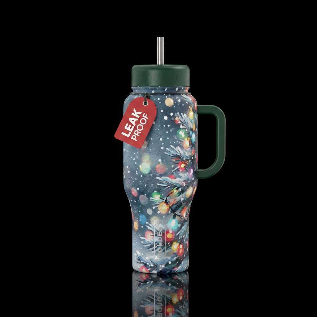Snow falling on a  tree with Christmas lights outs... water bottle design