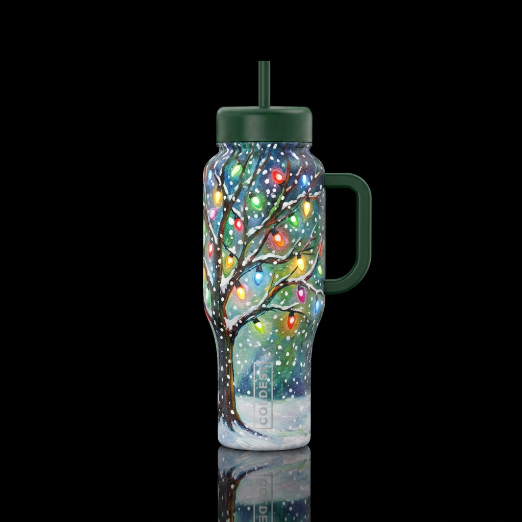Snow falling on a  tree with Christmas lights outs... water bottle design