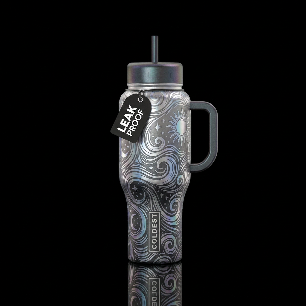 Stars , moon and sun ,, irridescent, swirls, beaut... water bottle design
