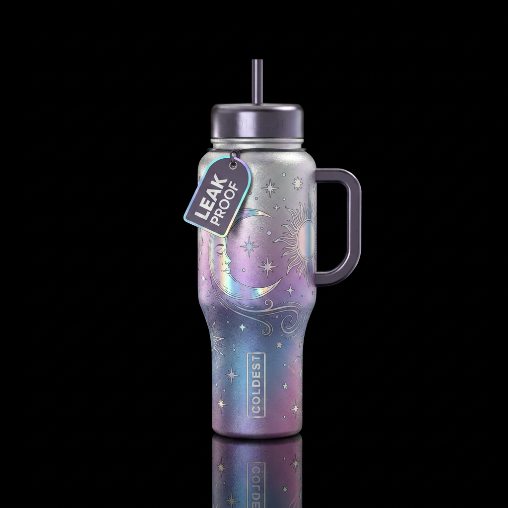 Stars , moon and sun ,, irridescent, swirls, beaut... water bottle design