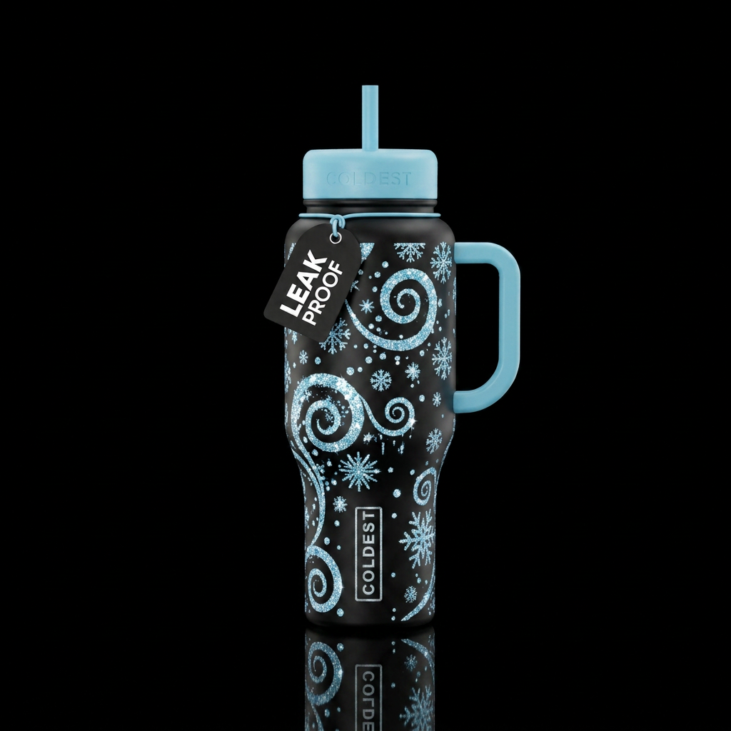Black bottle,  with snow falling down,  sparkly,, ... water bottle design