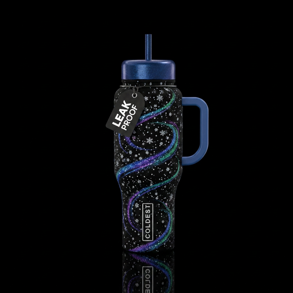 Black bottle,  with snow falling down,  sparkly,, ... water bottle design