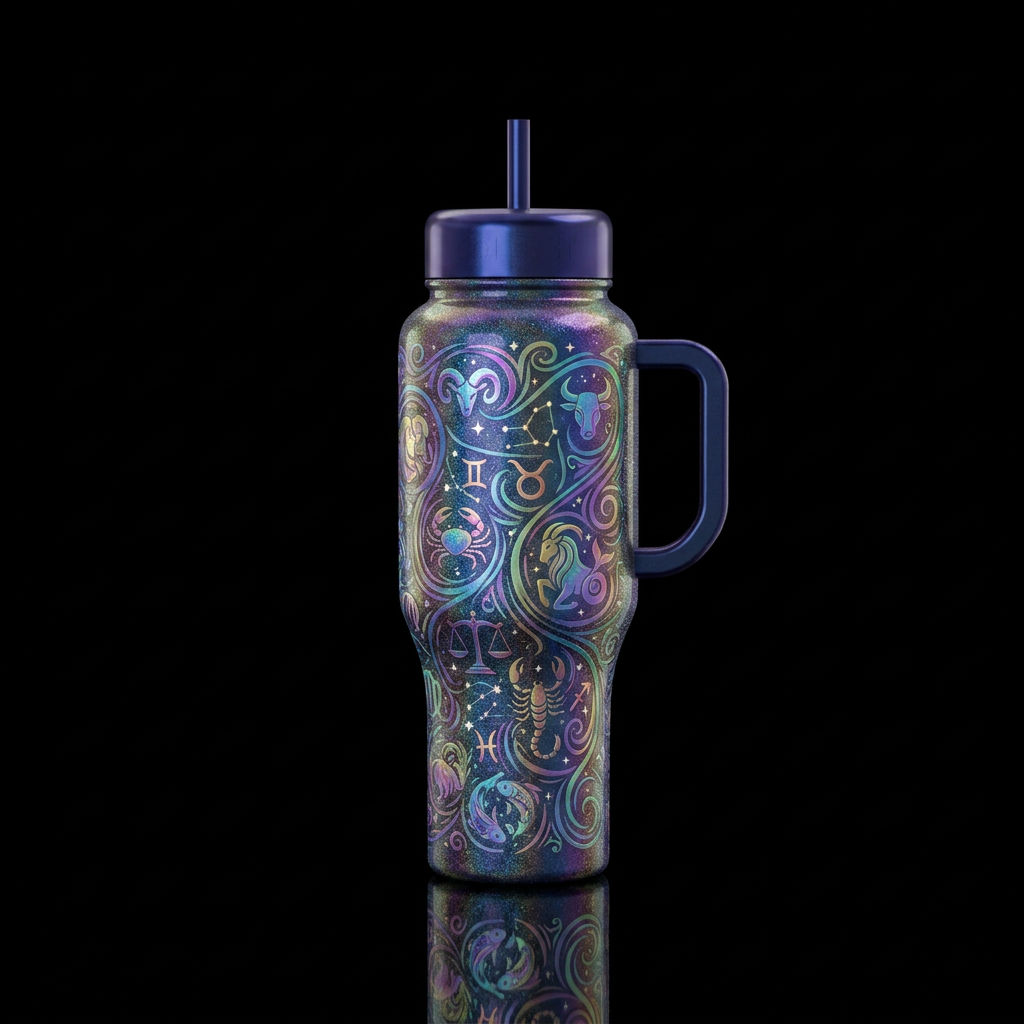 Zodiac signs,  sparkly,  swirls,  irridescent water bottle design