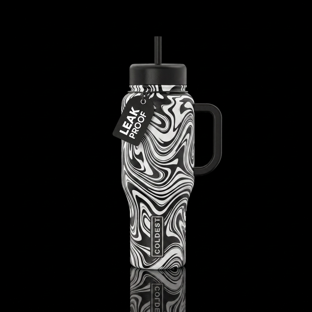 Black and white bottle, swirls, abstract water bottle design